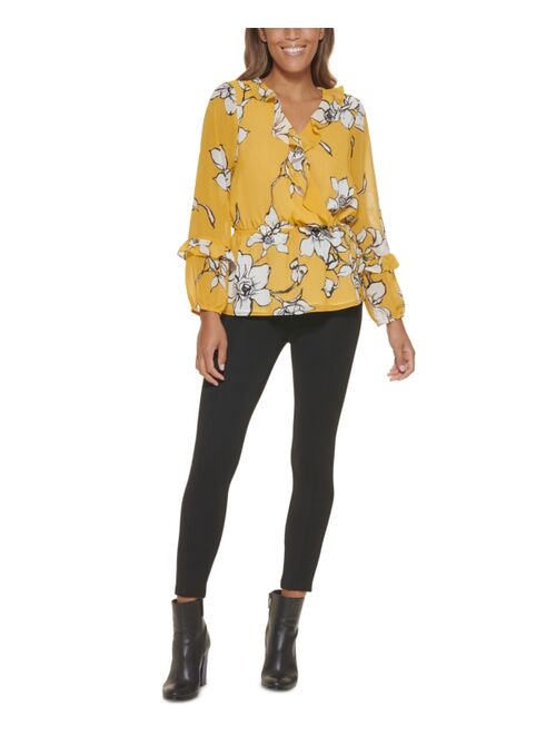 Calvin Klein Floral Print Long Sleeve Faux Wrap Top