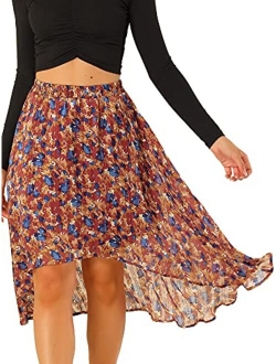 Women's High Low Hem Elastic Waist Lurex Chiffon A-Line Midi Floral Skirt