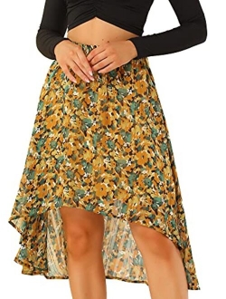 Women's High Low Hem Elastic Waist Lurex Chiffon A-Line Midi Floral Skirt