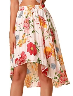 Women's High Low Hem Elastic Waist Lurex Chiffon A-Line Midi Floral Skirt