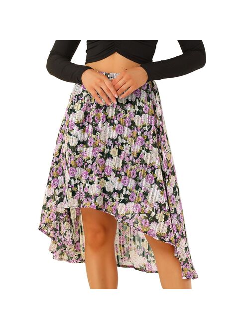 Allegra K Women's High Low Hem Elastic Waist Lurex Chiffon A-Line Midi Floral Skirt