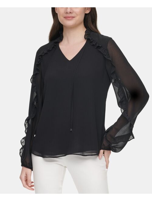 Calvin Klein Ruffle Trim Long Sleeve Blouse