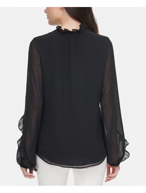 Calvin Klein Ruffle Trim Long Sleeve Blouse