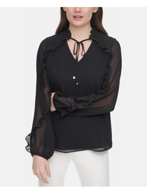 Calvin Klein Ruffle Trim Long Sleeve Blouse