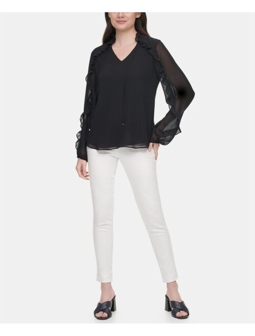 Calvin Klein Ruffle Trim Long Sleeve Blouse