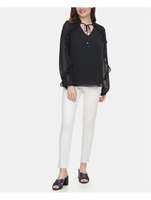 Calvin Klein Ruffle Trim Long Sleeve Blouse