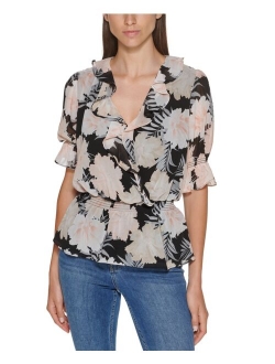 Floral Print Faux Wrap Blouse