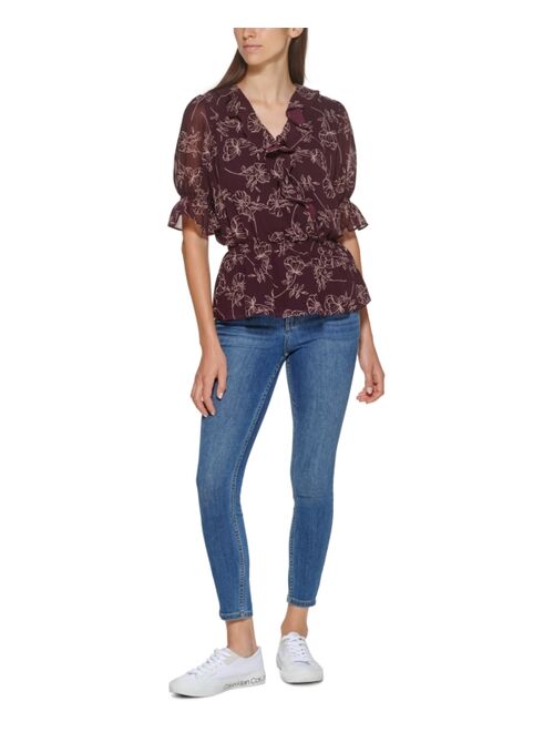 Calvin Klein Floral Print Faux Wrap Blouse