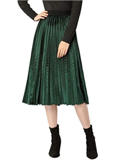 Women's High Elastic Waist Velvet Plisse Pleated Swing Midi Skirt