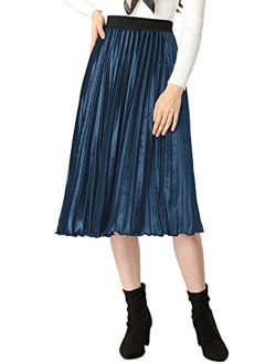 Women's High Elastic Waist Velvet Plisse Pleated Swing Midi Skirt