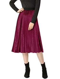 Women's High Elastic Waist Velvet Plisse Pleated Swing Midi Skirt