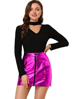 Women's Metallic Mini Skirt Shiny Glitter Holographic High Waist Zipper Short Skirts