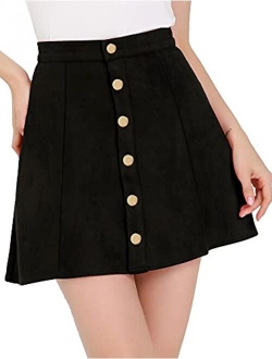 Women's Faux Suede Button Closure A-Line High Waisted Flared Mini Short Skirt