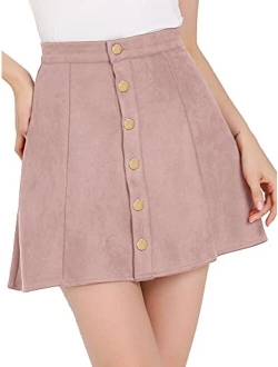 Women's Faux Suede Button Closure A-Line High Waisted Flared Mini Short Skirt