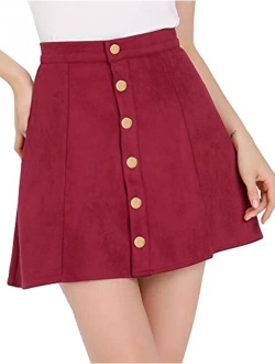 Women's Faux Suede Button Closure A-Line High Waisted Flared Mini Short Skirt