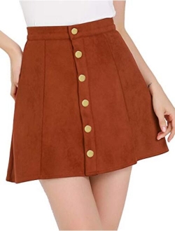 Women's Faux Suede Button Closure A-Line High Waisted Flared Mini Short Skirt