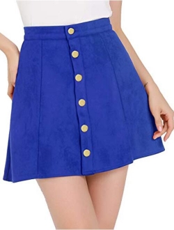 Women's Faux Suede Button Closure A-Line High Waisted Flared Mini Short Skirt