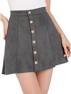 Women's Faux Suede Button Closure A-Line High Waisted Flared Mini Short Skirt