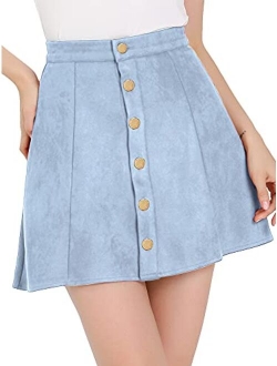 Women's Faux Suede Button Closure A-Line High Waisted Flared Mini Short Skirt