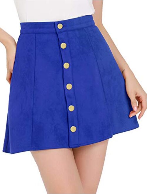 Allegra K Women's Faux Suede Button Closure A-Line High Waisted Flared Mini Short Skirt