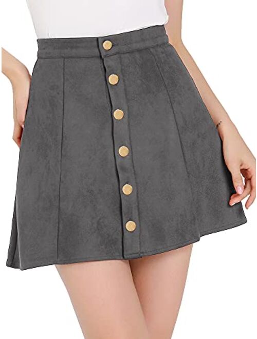 Allegra K Women's Faux Suede Button Closure A-Line High Waisted Flared Mini Short Skirt