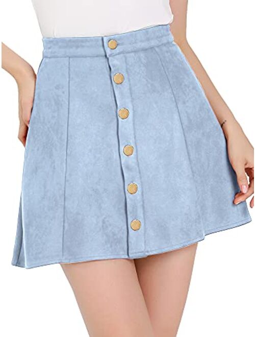 Allegra K Women's Faux Suede Button Closure A-Line High Waisted Flared Mini Short Skirt