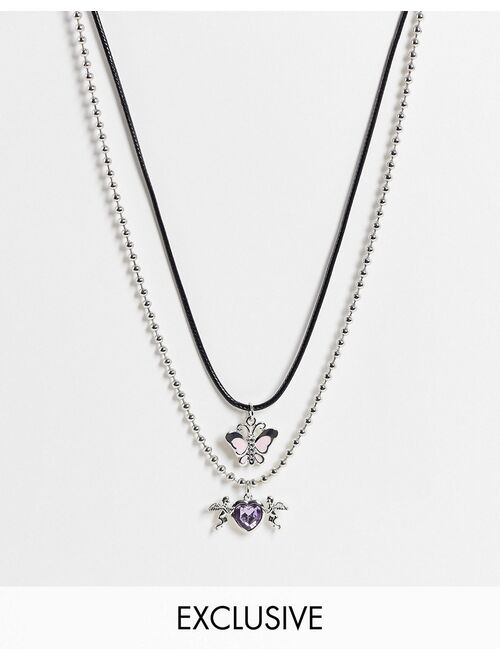 Reclaimed Vintage Inspired unisex multirow necklace with butterfly charm in silver