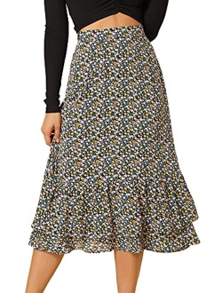 Women's Printed Skirt Chiffon Elastic Waist Ruffle Tiered Flowy Midi Skirts