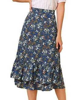 Women's Printed Skirt Chiffon Elastic Waist Ruffle Tiered Flowy Midi Skirts