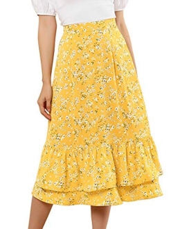 Women's Printed Skirt Chiffon Elastic Waist Ruffle Tiered Flowy Midi Skirts