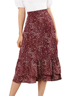 Women's Printed Skirt Chiffon Elastic Waist Ruffle Tiered Flowy Midi Skirts