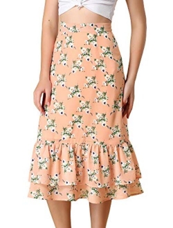 Women's Printed Skirt Chiffon Elastic Waist Ruffle Tiered Flowy Midi Skirts