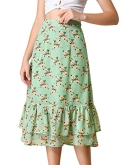 Women's Printed Skirt Chiffon Elastic Waist Ruffle Tiered Flowy Midi Skirts