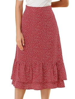 Women's Printed Skirt Chiffon Elastic Waist Ruffle Tiered Flowy Midi Skirts