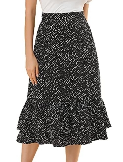 Women's Printed Skirt Chiffon Elastic Waist Ruffle Tiered Flowy Midi Skirts