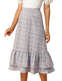 Women's Printed Skirt Chiffon Elastic Waist Ruffle Tiered Flowy Midi Skirts