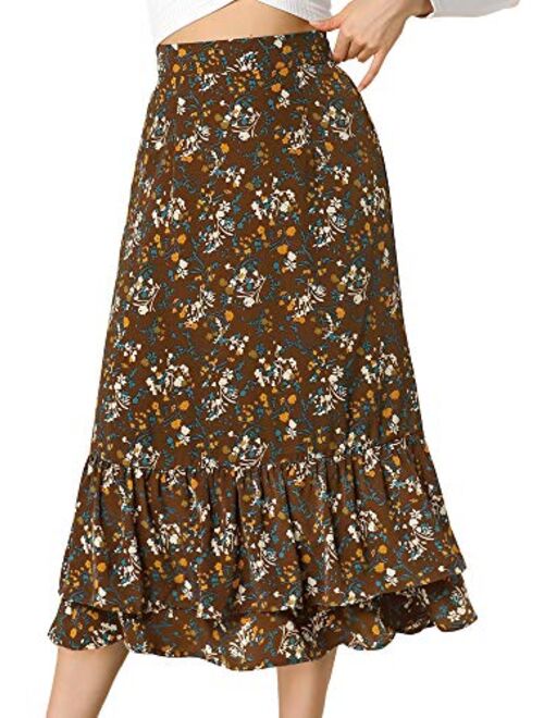 Allegra K Women's Printed Skirt Chiffon Elastic Waist Ruffle Tiered Flowy Midi Skirts