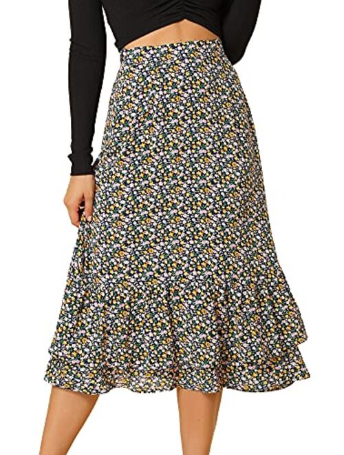 Allegra K Women's Printed Skirt Chiffon Elastic Waist Ruffle Tiered Flowy Midi Skirts