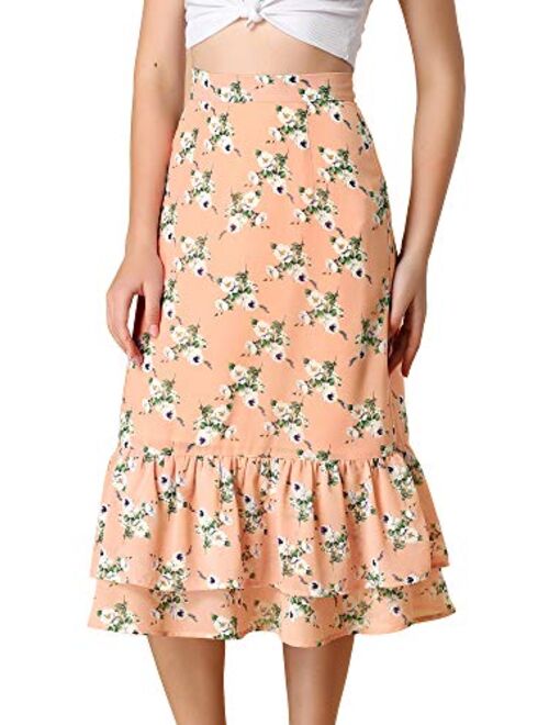 Allegra K Women's Printed Skirt Chiffon Elastic Waist Ruffle Tiered Flowy Midi Skirts