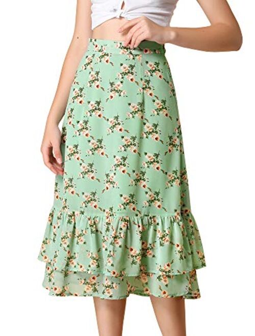 Allegra K Women's Printed Skirt Chiffon Elastic Waist Ruffle Tiered Flowy Midi Skirts