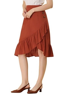 Women's Button Decor High Waist Solid Color Asymmetrical Ruffle Skirt