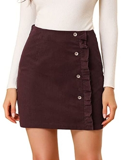 Women's Corduroy Vintage Button Decor Ruffled Trim High Waist Faux Wrap Skirt