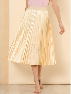 Women's Elastic Waist Party Metallic Accordion Plisse Pleated Midi Skirt