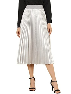 Women's Elastic Waist Party Metallic Accordion Plisse Pleated Midi Skirt