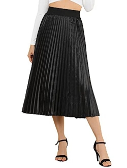 Women's Elastic Waist Party Metallic Accordion Plisse Pleated Midi Skirt