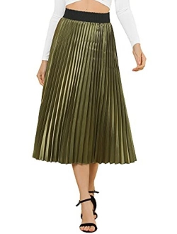 Women's Elastic Waist Party Metallic Accordion Plisse Pleated Midi Skirt