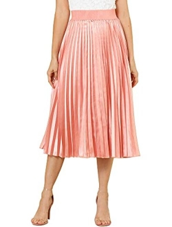 Women's Elastic Waist Party Metallic Accordion Plisse Pleated Midi Skirt