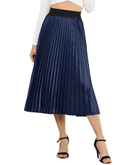 Women's Elastic Waist Party Metallic Accordion Plisse Pleated Midi Skirt