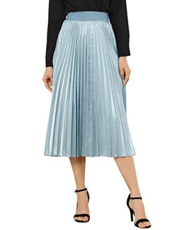 Women's Elastic Waist Party Metallic Accordion Plisse Pleated Midi Skirt