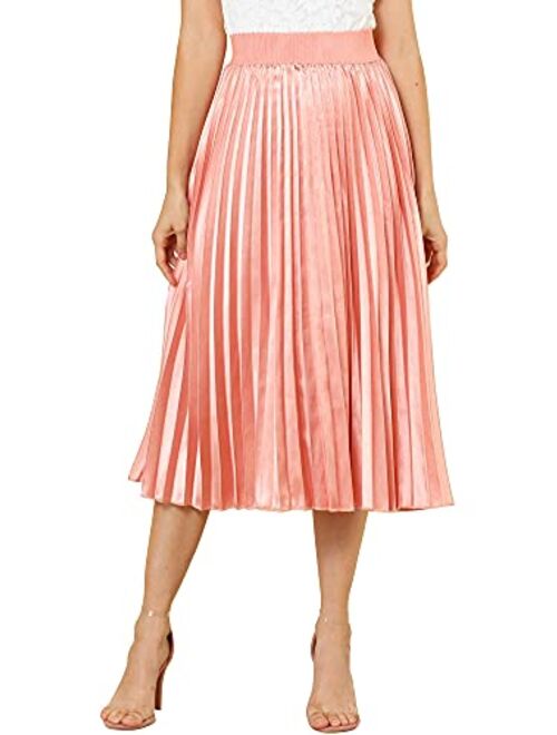 Allegra K Women's Elastic Waist Party Metallic Accordion Plisse Pleated Midi Skirt